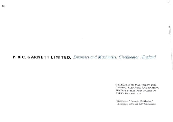 Garnett – opening cleaning and carding machinery, Page ii